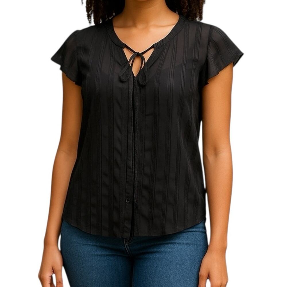 J.O.A Metallic Tie Neck Blouse NWT Black Shimmer XS